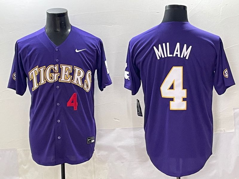 Men 2025 LSU Tigers #4 Milam Purple Joint Name Nike NCAA Jersey style 2->ncaa teams->NCAA Jersey